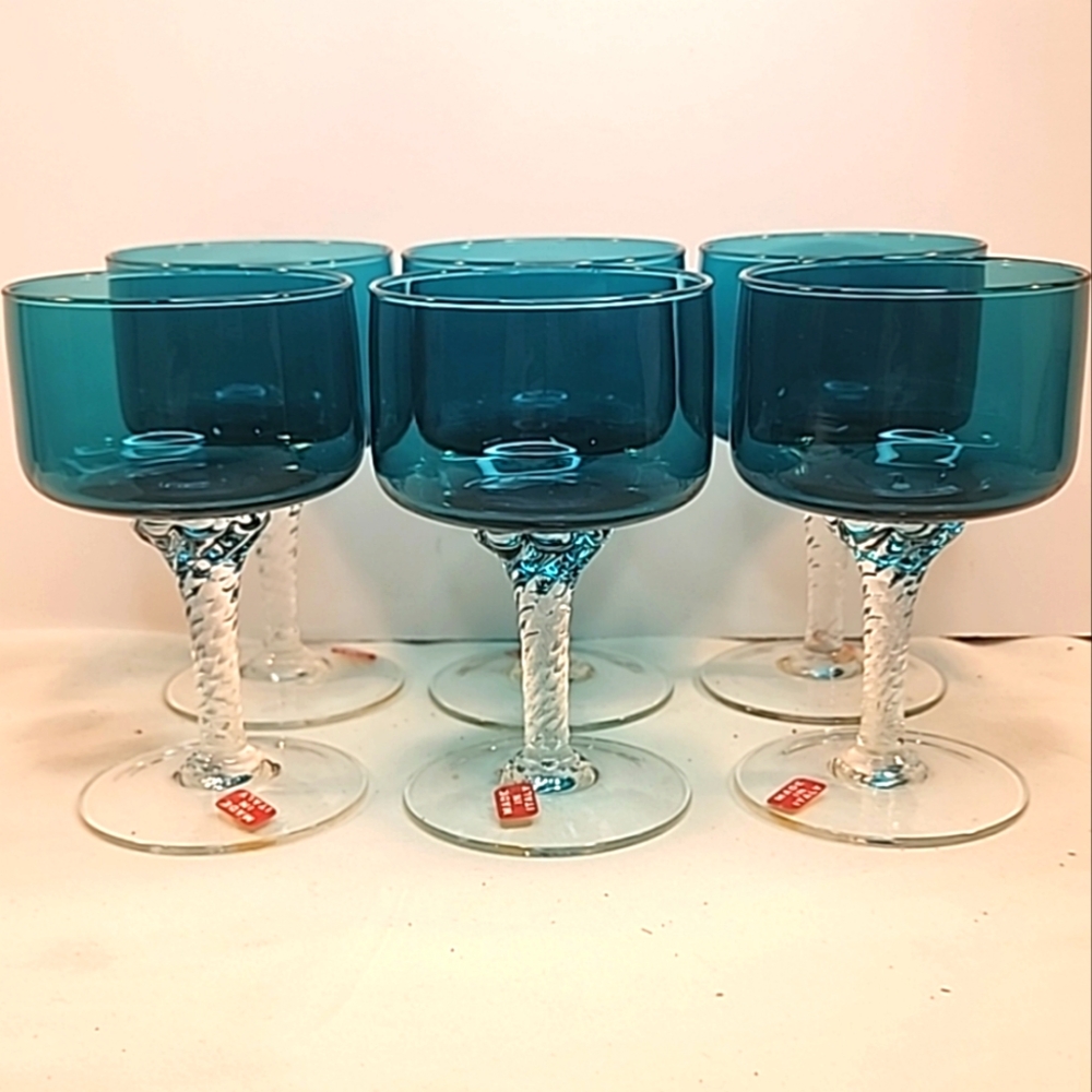 Vtg Empoli Italian Teal Blue Twisted Stem Cordial Glasses x 6 Barware 4" Italy